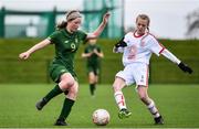 7 March 2020; Katie Law of Republic of Ireland in action against Olivia Lowe of England during the Women's Under-15s John Read Trophy match between Republic of Ireland and England at FAI National Training Centre in Dublin. Photo by Sam Barnes/Sportsfile