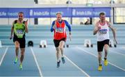 8 March 2020; Runners, from left, Michael A Murphy of Killarney Valley AC, Kerry, John O'Connor of Enniscorthy AC, Wexford, and John O'Loughlin of Crusaders AC, Dublin, competing in the M50 60m event during the Irish Life Health National Masters Indoors Athletics Championships at Athlone IT in Athlone, Westmeath. Photo by Piaras Ó Mídheach/Sportsfile