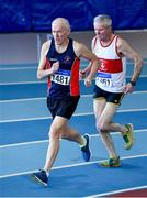 8 March 2020; Brian McGrath of Le Chéile AC, Kildare, competing in the M65 1500m event, left, and Martin Mc Evilly of Galway City Harriers AC competing in the M70 1500m event during the Irish Life Health National Masters Indoors Athletics Championships at Athlone IT in Athlone, Westmeath. Photo by Piaras Ó Mídheach/Sportsfile