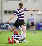 10 March 2020; Harvey O'Leary kicks a conversion, assisted by Terenure College team-mate Jim Kennedy during the Bank of Ireland Leinster Schools Junior Cup Semi-Final match between Terenure College and Newbridge College at Energia Park in Donnybrook, Dublin. Photo by Ramsey Cardy/Sportsfile