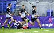 10 March 2020; Harry Farrell of Newbridge College on his way to scoring his side's second try during the Bank of Ireland Leinster Schools Junior Cup Semi-Final match between Terenure College and Newbridge College at Energia Park in Donnybrook, Dublin. Photo by Ramsey Cardy/Sportsfile