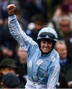 10 March 2020; Jockey Rachael Blackmore celebrates after winning the Close Brothers Mares´ Hurdle on Honeysuckle during Day One of the Cheltenham Racing Festival at Prestbury Park in Cheltenham, England. Photo by Harry Murphy/Sportsfile