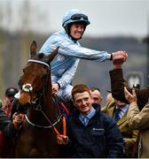 10 March 2020; Jockey Rachael Blackmore celebrates after winning the Close Brothers Mares´ Hurdle on Honeysuckle during Day One of the Cheltenham Racing Festival at Prestbury Park in Cheltenham, England. Photo by David Fitzgerald/Sportsfile