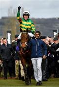 11 March 2020; Jockey Barry Geraghty on Champ celebrates after winning the RSA Insurance Novices' Chase on Day Two of the Cheltenham Racing Festival at Prestbury Park in Cheltenham, England. Photo by Harry Murphy/Sportsfile