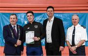 6 March 2020; FAI Interim Deputy Chief Executive Niall Quinn, Tom Brabazon, Lord Mayor of Dublin, left, and Gerard Donnelly, An Garda Síochána Superintendent, Coolock, right, present David Dunne of An Garda Síochána, Coolock, with their FAI Futsal Introductory Course certificate during a presentation, at Darndale Belcamp Recreation Centre in Dublin. Photo by Stephen McCarthy/Sportsfile
