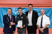 6 March 2020; FAI Interim Deputy Chief Executive Niall Quinn, Tom Brabazon, Lord Mayor of Dublin, left, and Gerard Donnelly, An Garda Síochána Superintendent, Coolock, right, present Cormac Ó Floinn of An Garda Síochána, Coolock, with their FAI Futsal Introductory Course certificate during a presentation, at Darndale Belcamp Recreation Centre in Dublin. Photo by Stephen McCarthy/Sportsfile