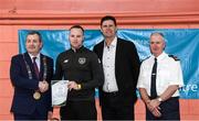 6 March 2020; FAI Interim Deputy Chief Executive Niall Quinn, Tom Brabazon, Lord Mayor of Dublin, left, and Gerard Donnelly, An Garda Síochána Superintendent, Coolock, right, present Steven Nolan of An Garda Síochána, Coolock, with their FAI Futsal Introductory Course certificate during a presentation, at Darndale Belcamp Recreation Centre in Dublin. Photo by Stephen McCarthy/Sportsfile