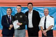 6 March 2020; FAI Interim Deputy Chief Executive Niall Quinn, Tom Brabazon, Lord Mayor of Dublin, left, and Gerard Donnelly, An Garda Síochána Superintendent, Coolock, right, present Ruairi Brodigan of An Garda Síochána, Coolock, with their FAI Futsal Introductory Course certificate during a presentation, at Darndale Belcamp Recreation Centre in Dublin. Photo by Stephen McCarthy/Sportsfile