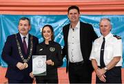 6 March 2020; FAI Interim Deputy Chief Executive Niall Quinn, Tom Brabazon, Lord Mayor of Dublin, left, and Gerard Donnelly, An Garda Síochána Superintendent, Coolock, right, present Louise Burns of An Garda Síochána, Coolock, with their FAI Futsal Introductory Course certificate during a presentation, at Darndale Belcamp Recreation Centre in Dublin. Photo by Stephen McCarthy/Sportsfile