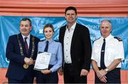6 March 2020; FAI Interim Deputy Chief Executive Niall Quinn, Tom Brabazon, Lord Mayor of Dublin, left, and Gerard Donnelly, An Garda Síochána Superintendent, Coolock, right, present Aoibheann O'Farrell of An Garda Síochána, Coolock, with their FAI Futsal Introductory Course certificate during a presentation, at Darndale Belcamp Recreation Centre in Dublin. Photo by Stephen McCarthy/Sportsfile