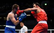 15 March 2020; Peter Tallosi of Hungary, right, exchanges punches with Liridon Nuha of Sweden in their Men's Light Heavyweight 81KG fight on Day Two of the Road to Tokyo European Boxing Olympic Qualifying Event at Copper Box Arena in Queen Elizabeth Olympic Park, London, England. Photo by Harry Murphy/Sportsfile