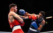 15 March 2020; Cristian-Rizvan Filip of Romania, left, and Enmanuel Reyes Pla of Spain during their Men's Heavyweight 91KG Preliminary round fight on Day Two of the Road to Tokyo European Boxing Olympic Qualifying Event at Copper Box Arena in Queen Elizabeth Olympic Park, London, England. Photo by Harry Murphy/Sportsfile