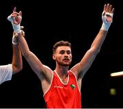 16 March 2020; Michael Nevin of Ireland is declared victorious after defeating Max Van Der Pas of Netherlands following their Men's Middleweight 75KG Preliminary round bout on Day Three of the Road to Tokyo European Boxing Olympic Qualifying Event at Copper Box Arena in Queen Elizabeth Olympic Park, London, England. Photo by Harry Murphy/Sportsfile