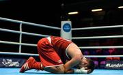 16 March 2020; Jose Quiles Brotons of Spain celebrates after qualifying for the Tokyo Olympics after defeating Krenar Zeneli of Albania following the Men's Featherweight 57KG Preliminary round bout on Day Three of the Road to Tokyo European Boxing Olympic Qualifying Event at Copper Box Arena in Queen Elizabeth Olympic Park, London, England. Photo by Harry Murphy/Sportsfile