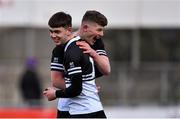 26 February 2020; Newbridge College players Michael Collins, left, and John Collins celebrate after the Bank of Ireland Leinster Schools Junior Cup Second Round match between St Michael’s College and Newbridge College at Energia Park in Dublin. Photo by Piaras Ó Mídheach/Sportsfile