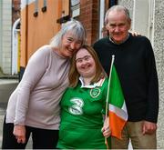 23 April 2020; Some of Ireland’s biggest football fans will get the chance to quiz new Republic of Ireland manager Stephen Kenny and World Cup legend Niall Quinn in an exclusive online show hosted by Down Syndrome and the FAI on Friday afternoon. Here Republic of Ireland supporter Sarah Carroll is pictured with mer mam and dad, Margaret and Micheal, near her home in Portobello, Dublin, in advance of the Facebook event. Photo by Ray McManus/Sportsfile