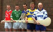 8 May 2002; Tipperary captain Thomas Dunne, centre, with, from left, Cork captain Wayne Sherlock, Limerick captain Mark Foley, Clare captain Brian Lohan, and Waterford captain Fergal Hartley at the launch of the Guinness All-Ireland Hurling Championship at the Guinness Storehorse in Dublin. Photo by Brendan Moran/Sportsfile