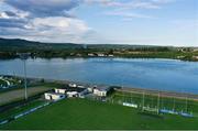 9 May 2020; An aerial view of Fraher Field and Colligan River on the evening of the Munster GAA Senior Football Championship match between Waterford and Limerick at Fraher Field in Dungarvan, Waterford. This weekend, May 9 and 10, was due to be the first weekend of games in Ireland of the GAA All-Ireland Senior Championship, beginning with provincial matches, which have been postponed following directives from the Irish Government and the Department of Health in an effort to contain the spread of the Coronavirus (COVID-19). The GAA have stated that no inter-county games will take place before October 2020. Photo by Ramsey Cardy/Sportsfile