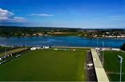 9 May 2020; An aerial view of Fraher Field and Colligan River on the evening of the Munster GAA Senior Football Championship match between Waterford and Limerick at Fraher Field in Dungarvan, Waterford. This weekend, May 9 and 10, was due to be the first weekend of games in Ireland of the GAA All-Ireland Senior Championship, beginning with provincial matches, which have been postponed following directives from the Irish Government and the Department of Health in an effort to contain the spread of the Coronavirus (COVID-19). The GAA have stated that no inter-county games will take place before October 2020. Photo by Ramsey Cardy/Sportsfile