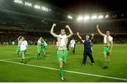 11 June 2002; Republic of Ireland players Robbie Keane, left, Gary Breen (14), physio Mick Byrne, and Niall Quinn (17) celebrate victory over Saudi Arabia. FIFA World Cup Finals, Group E, Republic of Ireland v Saudi Arabia, Yokohama Stadium, Yokohama, Japan. Photo by David Maher/Sportsfile