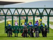26 June 2020; A view of the field and stall handlers at the start of the Irish Stallion Farms EBF (C & G) Maiden during day one of the Dubai Duty Free Irish Derby Festival at The Curragh Racecourse in Kildare. Horse Racing continues behind closed doors following strict protocols having been suspended from March 25 due to the Irish Government's efforts to contain the spread of the Coronavirus (COVID-19) pandemic. Photo by Seb Daly/Sportsfile