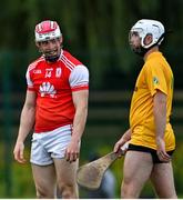18 July 2020; Con O'Callaghan of Cuala reacts after Thomas Davis goalkeeper Jack Blanchfield kicked away his hurl during the Dublin County Senior Hurling Championship Group 4 Round 1 match between Cuala and Thomas Davis at Bray Emmets GAA club in Bray, Wicklow. Competitive GAA matches have been approved to return following the guidelines of Phase 3 of the Irish Government’s Roadmap for Reopening of Society and Business and protocols set down by the GAA governing authorities. With games having been suspended since March, competitive games can take place with updated protocols including a limit of 200 individuals at any one outdoor event, including players, officials and a limited number of spectators, with social distancing, hand sanitisation and face masks being worn by those in attendance among other measures in an effort to contain the spread of the Coronavirus (COVID-19) pandemic. Photo by Ramsey Cardy/Sportsfile