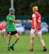 18 July 2020; Zak Moradi of Thomas Davis and Oisin Gough of Cuala following the Dublin County Senior Hurling Championship Group 4 Round 1 match between Cuala and Thomas Davis at Bray Emmets GAA club in Bray, Wicklow. Competitive GAA matches have been approved to return following the guidelines of Phase 3 of the Irish Government’s Roadmap for Reopening of Society and Business and protocols set down by the GAA governing authorities. With games having been suspended since March, competitive games can take place with updated protocols including a limit of 200 individuals at any one outdoor event, including players, officials and a limited number of spectators, with social distancing, hand sanitisation and face masks being worn by those in attendance among other measures in an effort to contain the spread of the Coronavirus (COVID-19) pandemic. Photo by Ramsey Cardy/Sportsfile