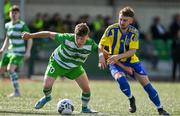 25 July 2020; Lee Downing of Killarney Celtic is tackled by James Fitzgerald of Fairview Rangers during the FAI New Balance Junior Cup Quarter-Final match between Killarney Celtic and Fairview Rangers at Celtic Park in Killarney, Kerry. Soccer matches continue to take place in front of a limited number of people in an effort to contain the spread of the Coronavirus (COVID-19) pandemic. Photo by Brendan Moran/Sportsfile