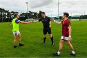 25 July 2020; Referee Liam Aherne Clarke with team captains Ciaran Kilkenny of Castleknock, left, and Sean O’Connor of St Oliver Plunkett Eoghan Ruadh prior to the Dublin County Senior Football Championship Round 1 match between Castleknock and St Oliver Plunkett Eoghan Ruadh at Somerton Park in Castleknock, Dublin. GAA matches continue to take place in front of a limited number of people in an effort to contain the spread of the Coronavirus (COVID-19) pandemic. Photo by Seb Daly/Sportsfile