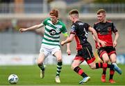 2 August 2020; Darragh Nugent of Shamrock Rovers II in action against Conor Kane, centre, and Mark Doyle of Drogheda United during the SSE Airtricity League First Division match between Shamrock Rovers II and Drogheda United at Tallaght Stadium in Dublin. The SSE Airtricity League made its return this weekend after 146 days in lockdown but behind closed doors due to the ongoing Coronavirus restrictions. Photo by Seb Daly/Sportsfile