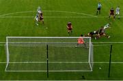 2 August 2020; Dean Williams of Shamrock Rovers II takes a shot on goal, under pressure from Hugh Douglas and Jack Tuite of Drogheda United during the SSE Airtricity League First Division match between Shamrock Rovers II and Drogheda United at Tallaght Stadium in Dublin. The SSE Airtricity League made its return this weekend after 146 days in lockdown but behind closed doors due to the ongoing Coronavirus restrictions. Photo by Seb Daly/Sportsfile