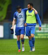 4 August 2020; An injured Leo Donnellan, left, is assisted off the pitch by Finn Harps team-mate Karl O'Sullivan at half-time of the SSE Airtricity League Premier Division match between Finn Harps and Shelbourne at Finn Park in Ballybofey, Donegal. Photo by Harry Murphy/Sportsfile