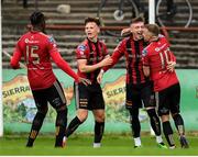 7 August 2020; Danny Grant, second from right, is congratulated by Bohemians team-mates, from left, Andre Wright, Andy Lyons and Keith Ward after scoring his side's first goal during the SSE Airtricity League Premier Division match between Bohemians and Dundalk at Dalymount Park in Dublin. Photo by Stephen McCarthy/Sportsfile