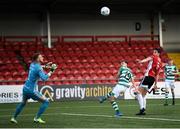 9 August 2020; Dean Williams of Shamrock Rovers watches his header on goal which ended up being turned into the Derry City net by Derry City's Colm Horgan during the SSE Airtricity League Premier Division match between Derry City and Shamrock Rovers at Ryan McBride Brandywell Stadium in Derry. Photo by Stephen McCarthy/Sportsfile