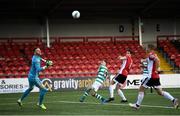 9 August 2020; Dean Williams of Shamrock Rovers watches his header on goal which ended up being turned into the Derry City net by Derry City's Colm Horgan during the SSE Airtricity League Premier Division match between Derry City and Shamrock Rovers at Ryan McBride Brandywell Stadium in Derry. Photo by Stephen McCarthy/Sportsfile