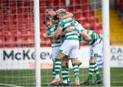 9 August 2020; Roberto Lopes, centre, is congratulated by Shamrock Rovers team-mates Dean Williams, left, Aaron McEneff, top, and Lee Grace, 5, after scoring their second goal during the SSE Airtricity League Premier Division match between Derry City and Shamrock Rovers at Ryan McBride Brandywell Stadium in Derry. Photo by Stephen McCarthy/Sportsfile
