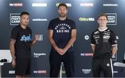 12 August 2020; Zelfa Barrett and Eric Donovan, right, with promoter Eddie Hearn during a press conference at Matchroom Fight Camp in Brentwood, Essex, England, ahead of their IBF Inter-Continental Super Feather Title clash on Friday Night. Photo by Mark Robinson / Matchroom Boxing via Sportsfile