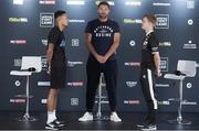 12 August 2020; Zelfa Barrett and Eric Donovan, right, with promoter Eddie Hearn during a press conference at Matchroom Fight Camp in Brentwood, Essex, England, ahead of their IBF Inter-Continental Super Feather Title clash on Friday Night. Photo by Mark Robinson / Matchroom Boxing via Sportsfile
