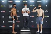 13 August 2020; Boxers Zelfa Barrett, left, and Eric Donovan, in the company of Matchroom Boxing CEO Frank Smith, after weighing in at Matchroom Fight Camp in Brentwood, Essex, England, ahead of their IBF Inter-Continental Super Feather Title clash on Friday Night. Photo by Mark Robinson / Matchroom Boxing via Sportsfile