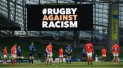 22 August 2020; Players from both sides observe a moment for Rugby Against Racism prior to the Guinness PRO14 Round 14 match between Leinster and Munster at the Aviva Stadium in Dublin. Photo by David Fitzgerald/Sportsfile