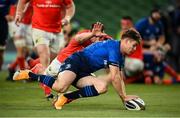 22 August 2020; Garry Ringrose of Leinster scores his side's second try during the Guinness PRO14 Round 14 match between Leinster and Munster at the Aviva Stadium in Dublin. Photo by Stephen McCarthy/Sportsfile