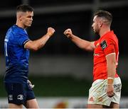 22 August 2020; Jonathan Sexton of Leinster and JJ Hanrahan of Munster embrace following the Guinness PRO14 Round 14 match between Leinster and Munster at the Aviva Stadium in Dublin. Photo by Ramsey Cardy/Sportsfile