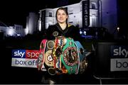 22 August 2020; Katie Taylor with her belts after her victory over Delfine Persoon during their Undisputed Lightweight Titles fight at Brentwood in Essex, England. Photo by Mark Robinson / Matchroom Boxing via Sportsfile