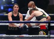 22 August 2020; Katie Taylor, left, after her Undisputed Lightweight Titles fight against Delfine Persoon at Brentwood in Essex, England. Photo by Mark Robinson / Matchroom Boxing via Sportsfile