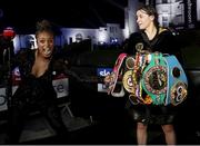 22 August 2020; Katie Taylor with her belts and Natasha Jonas after her Undisputed Lightweight Titles fight against Delfine Persoon at Brentwood in Essex, England. Photo by Mark Robinson / Matchroom Boxing via Sportsfile