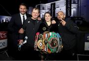 22 August 2020; Katie Taylor with, from left, promoter Eddie Hearn, manager Brian Peters and trainer Ross Enamait after her Undisputed Lightweight Titles fight against Delfine Persoon at Brentwood in Essex, England. Photo by Mark Robinson / Matchroom Boxing via Sportsfile