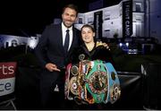 22 August 2020; Katie Taylor with promoter Eddie Hearn after her Undisputed Lightweight Titles fight against Delfine Persoon at Brentwood in Essex, England. Photo by Mark Robinson / Matchroom Boxing via Sportsfile