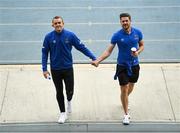 23 August 2020; Waterford players Michael O’Connor and Sam Bone hold hands prior to the SSE Airtricity League Premier Division match between Waterford and Finn Harps at RSC in Waterford. Photo by Harry Murphy/Sportsfile