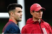 22 August 2020; Conor Murray of Munster in conversation with Munster senior coach Stephen Larkham ahead of the Guinness PRO14 Round 14 match between Leinster and Munster at the Aviva Stadium in Dublin. Photo by Ramsey Cardy/Sportsfile