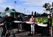 23 August 2020; RTE Broadcaster Peter Collins, right, is joined by Sonia O'Sullivan and David Gillick during the RTE Live broadcast during Day Two of the Irish Life Health National Senior and U23 Athletics Championships at Morton Stadium in Santry, Dublin. Photo by Sam Barnes/Sportsfile